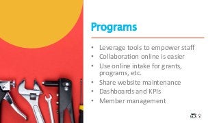 Programs• Leverage tools to empower staff• Collaboration online is easier• Use online intake for grants,programs, etc....