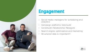 Engagement• Social media managers for scheduling andanalytics• Campaign platforms help build• Constituent Relationship...