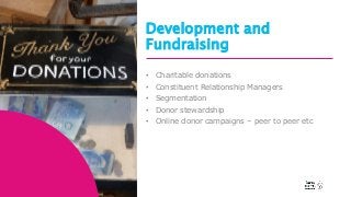 Development andFundraising• Charitable donations• Constituent Relationship Managers• Segmentation• Donor stewardship...