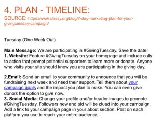 PLAN - TIMELINE:WednesdayMessage: Save the date.Social Media: Post new contentto your platforms. Visuals andinfograph...