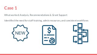Case 1What worked: Analysis, Recommendations & Grant SupportIdentified the need for staff training, admin resources, and...