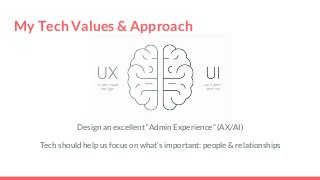My Tech Values & ApproachDesign an excellent “Admin Experience” (AX/AI)Tech should help us focus on what’s important: pe...