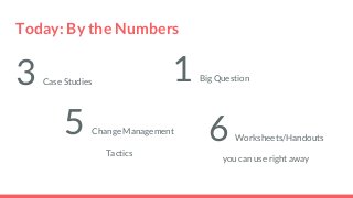Today: By the Numbers3 Case Studies5 Change ManagementTactics1 Big Question6 Worksheets/Handoutsyou can use right aw...