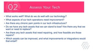 • Identify gaps and issues in your current tech infrastructure using the assessment youcompleted.• Use a ranking system ...
