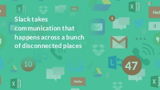 Slack takescommunication thathappens across a bunchof disconnected places 