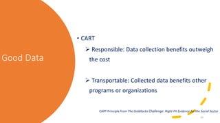 Good Data• CART➢ Responsible: Data collection benefits outweighthe cost➢ Transportable: Collected data benefits other...