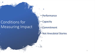 Conditions forMeasuring Impact• Performance• Capacity• Commitment• Not Anecdotal Stories17 