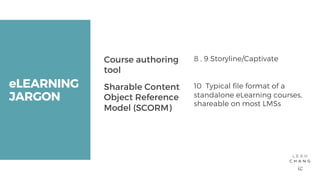eLEARNINGJARGONCourse authoringtool8 , 9 Storyline/CaptivateSharable ContentObject ReferenceModel (SCORM)10 Typica...