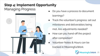 ● Do you have a process to documentlearnings?● Track the volunteer’s progress: set outmilestones and deliverables being...