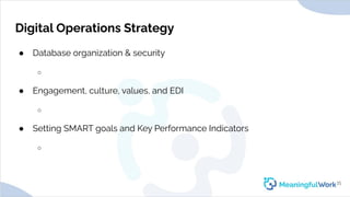 Digital Operations Strategy● Database organization & security○● Engagement, culture, values, and EDI○● Setting SMART ...