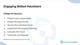 Engaging Skilled Volunteers6 Steps for Success1. Prepare your organization2. Scope the opportunity3. Source the volunt...