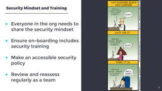 ● Everyone in the org needs toshare the security mindset ● Ensure on-boarding includessecurity training ● Make an acce...