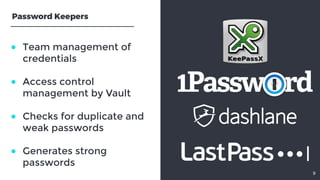 ● Team management ofcredentials ● Access controlmanagement by Vault ● Checks for duplicate andweak passwords ● Gener...