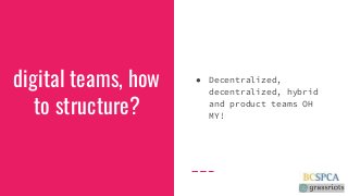 digital teams, howto structure?● Decentralized,decentralized, hybridand product teams OHMY! 
