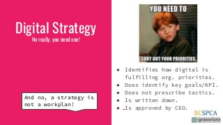Digital StrategyNo really, you need one!● Identifies how digital isfulfilling org. priorities.● Does identify key goal...