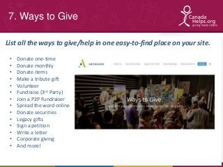 Agenda7. Ways to Give• Donate one-time• Donate monthly• Donate items• Make a tribute gift• Volunteer• Fundraise (3r...